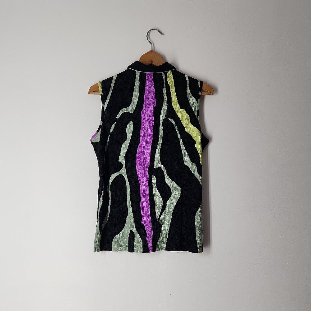 Jamie Sadock black colorful neon abstract crinkle plisse sleeveless Golf Top M - Picture 2 of 8